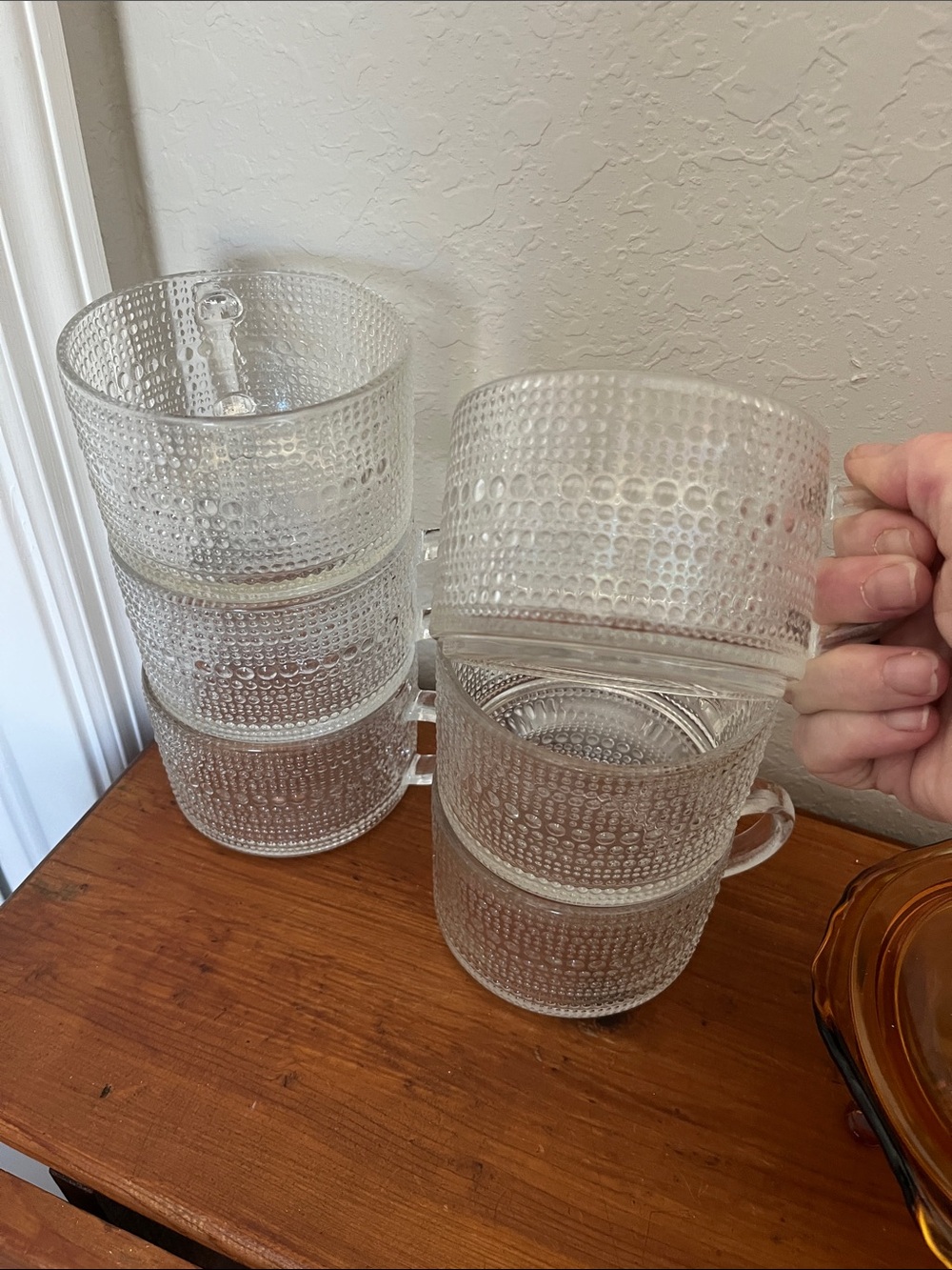 VTG Clear Textured Glass 14 Oz Mug Set of 6- Vintage Stackable Coffee Cereals